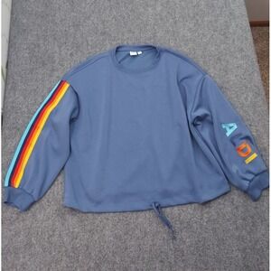 Aldi Gear Sweatshirt Womens XL Blue Rainbow Stripes Embroidered Drawstring Waist